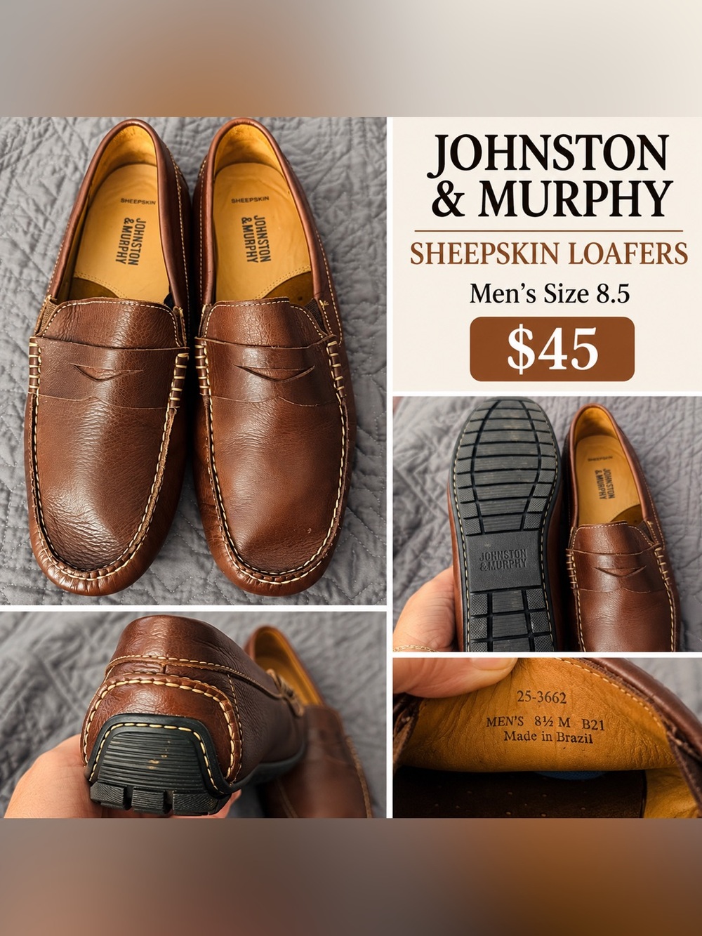 Johnston & Murphy Brown Leather Sheepskin Slip-On Loafers 8.5